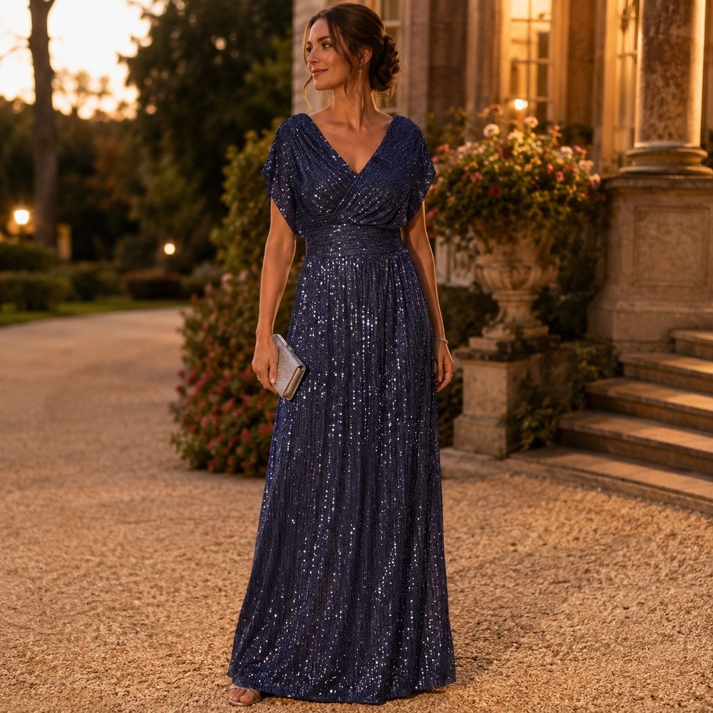 Doumifly Navy Blue Sequin V-Neck Formal Gown Draped Off Shoulder Maxi Dress L